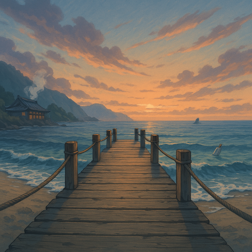 夕暮れの波止場と桟橋のイラスト背景